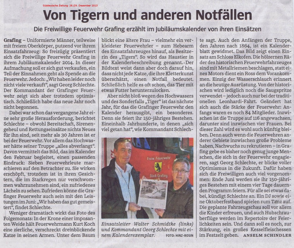 Die Süddeutsche Zeitung (Ausgabe vom 28. Dezember 2013) berichtet über den Grafinger Feuerwehrkalender