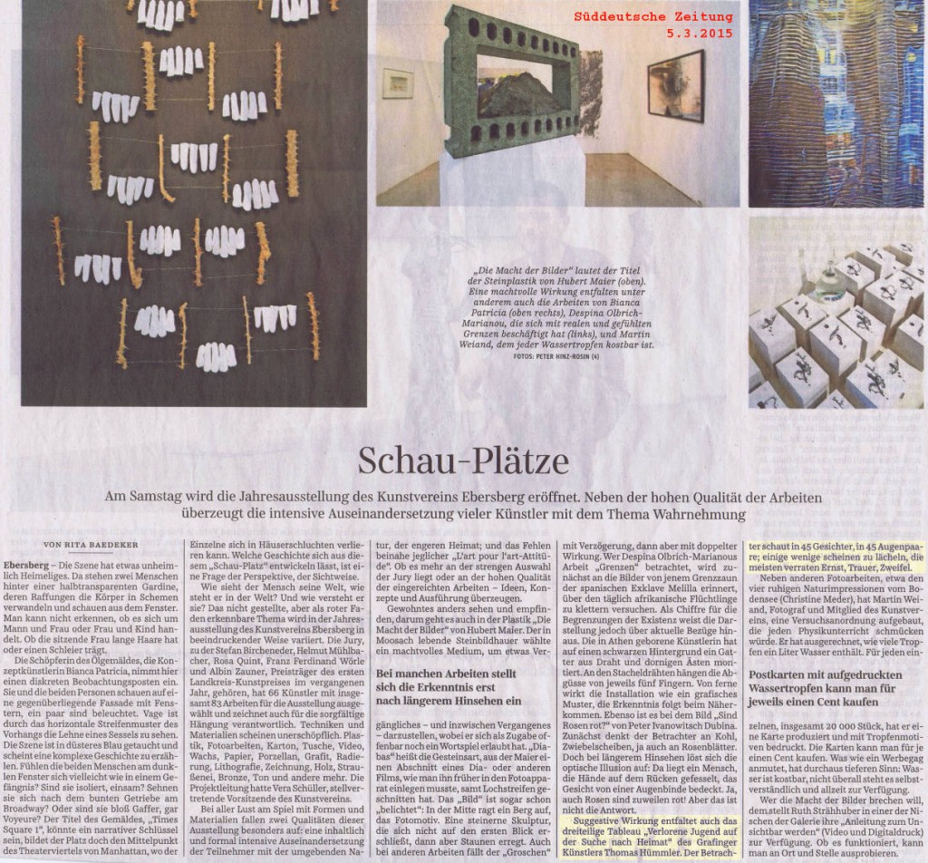 Die Süddeutsche Zeitung (Ausgabe vom 5. März 2015) berichtet über die Jahresausstellung des Kunstvereins Ebersberg