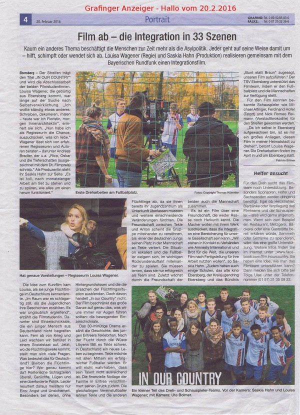 Grafinger Anzeiger - Hallo vom 20. Februar 2016 berichtet über den Film
